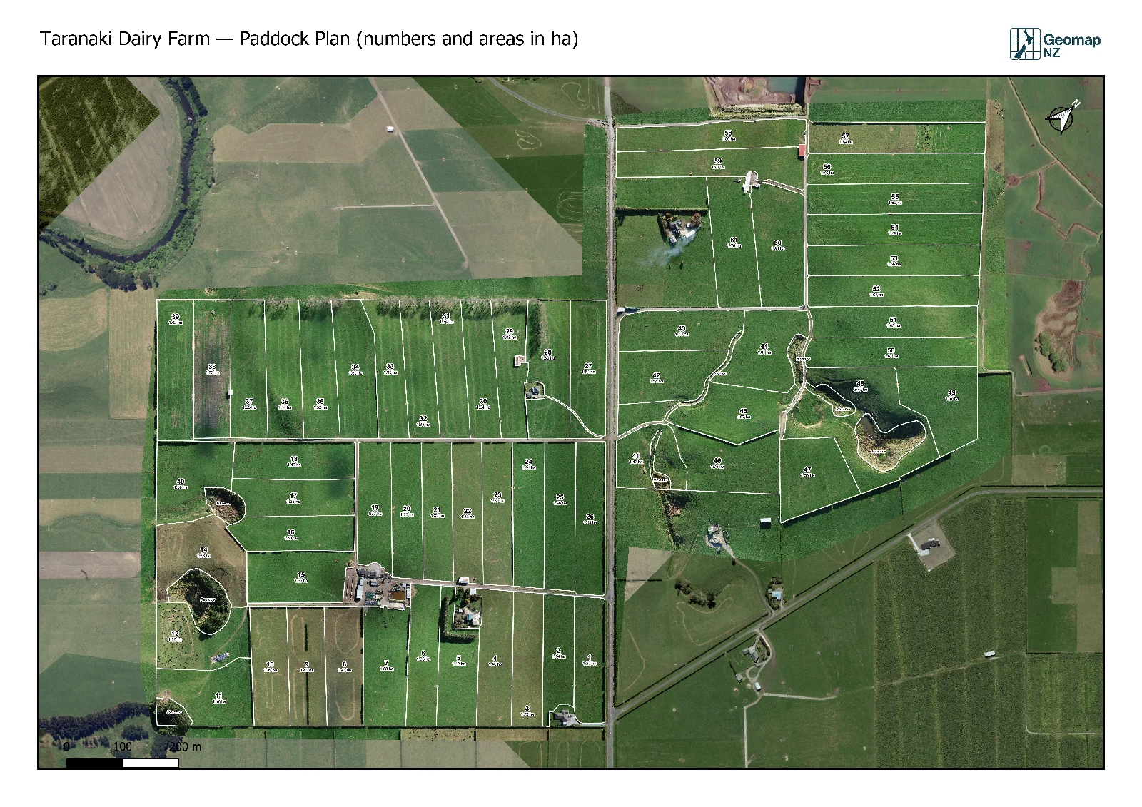 Paddock plan of a Taranaki dairy farm of close to 100 hectares: 61 numbered paddocks outlined in white with their areas in hectares, over a 3 cm drone orthomosaic