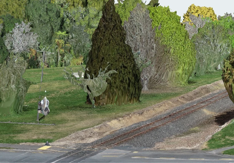 Road frontage of Joe Gibbs Reserve in the drone 3D model: the road, kerb and rail line in front of roadside trees and shrubs
