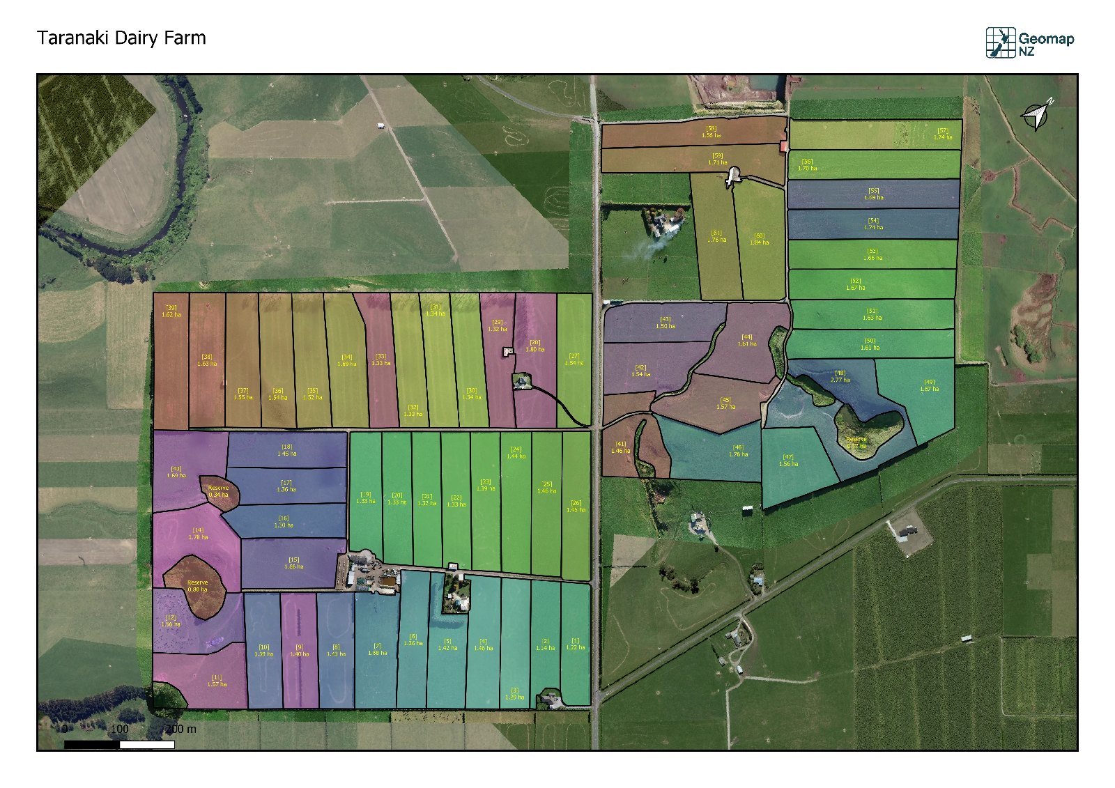 Taranaki dairy farm drone paddock map with colour-coded paddocks labelled with numbers and areas in hectares