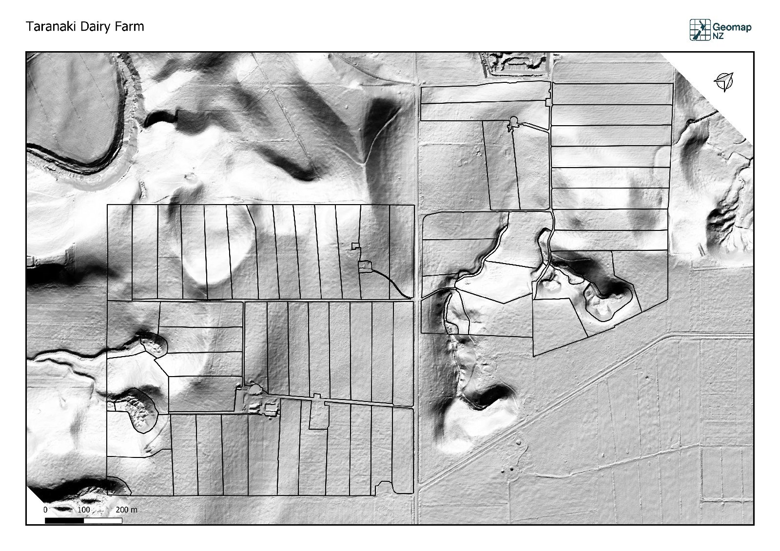 Taranaki dairy farm LiDAR hillshade terrain map with paddock boundaries showing river terraces, gullies and subtle ridges