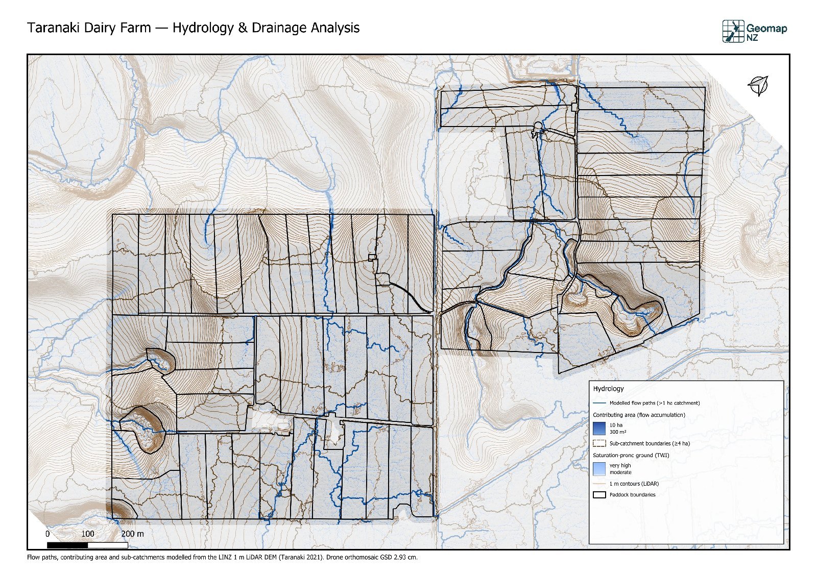 Taranaki dairy farm hydrology and drainage map showing modelled flow paths, catchment areas and saturation-prone ground from LiDAR