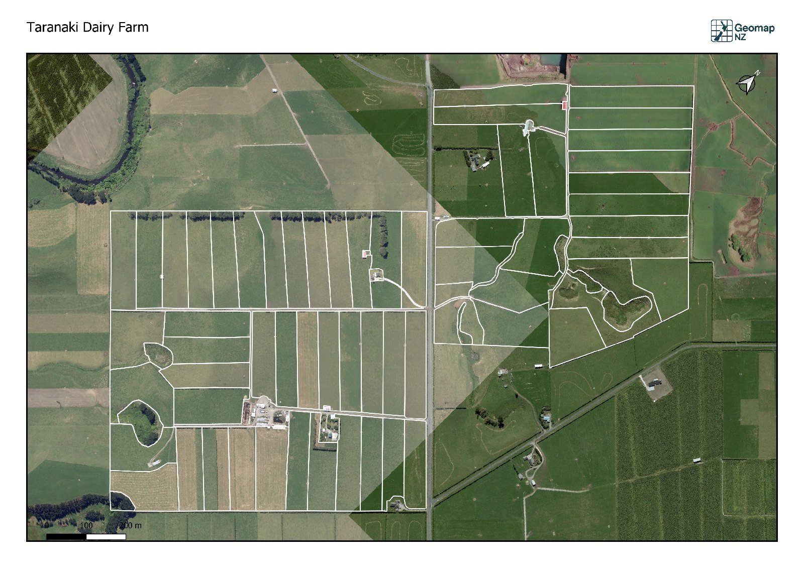 Taranaki dairy farm paddock boundaries drawn over public aerial imagery as a base map made before the drone flight