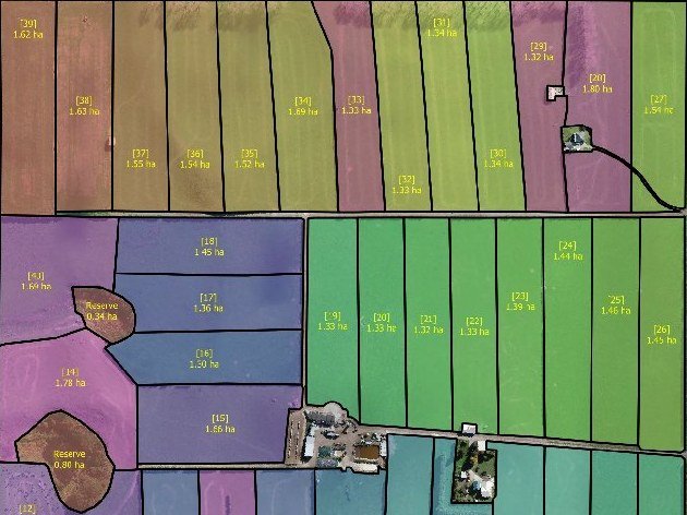 Close detail of a Taranaki dairy farm map: numbered, colour-coded paddocks with their areas over a drone orthomosaic