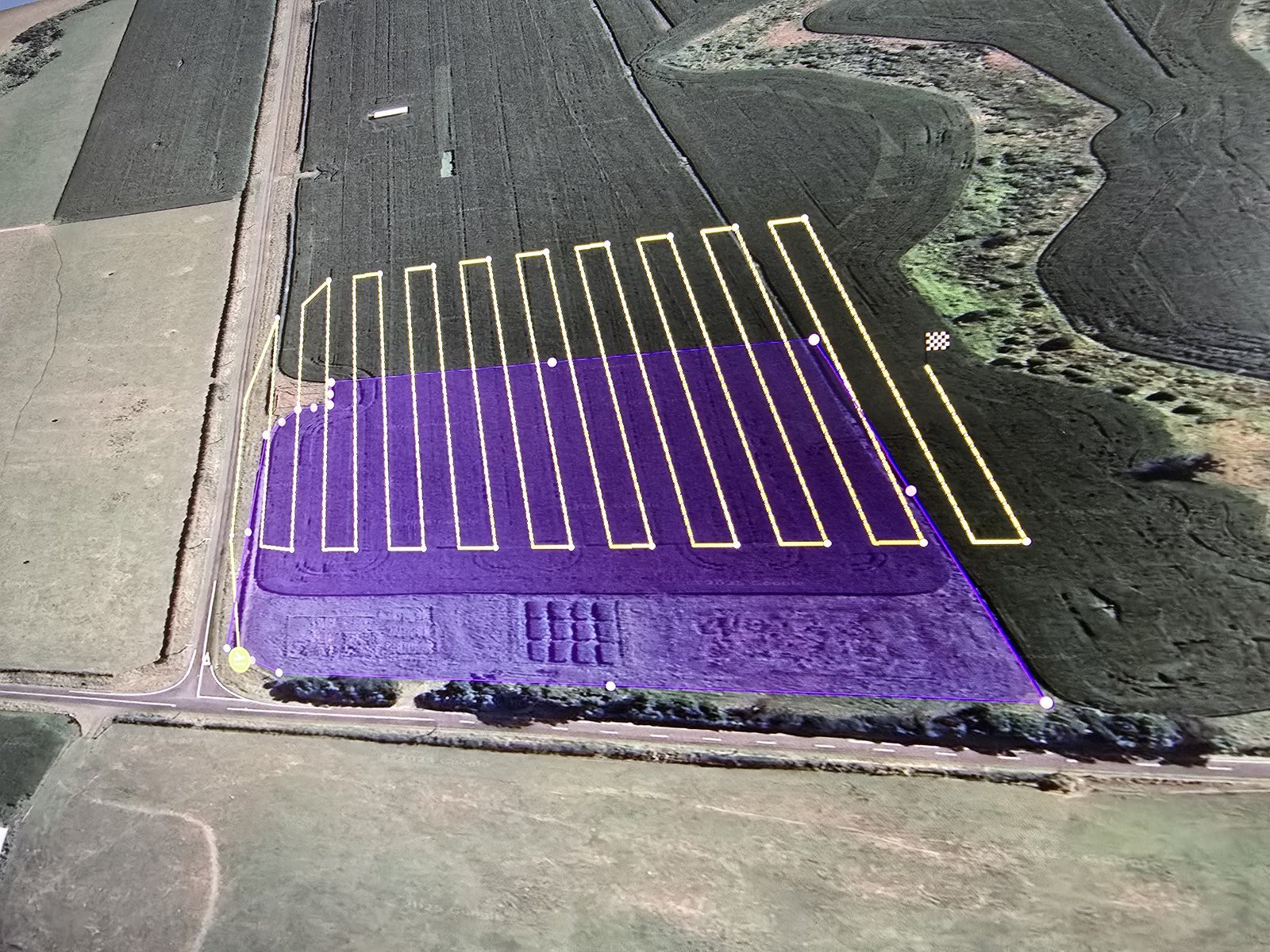 Drone flight plan over a crop paddock: the survey area shaded purple, with parallel yellow flight lines running across it in a grid
